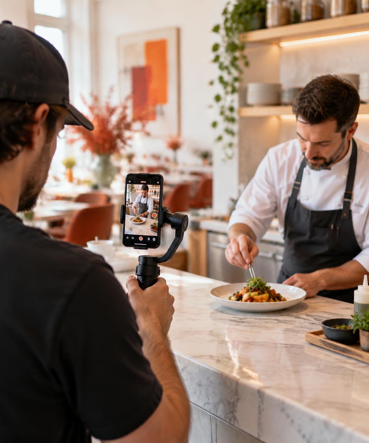 Videomaker gravando um chef em um restaurante com celular e estabilizador